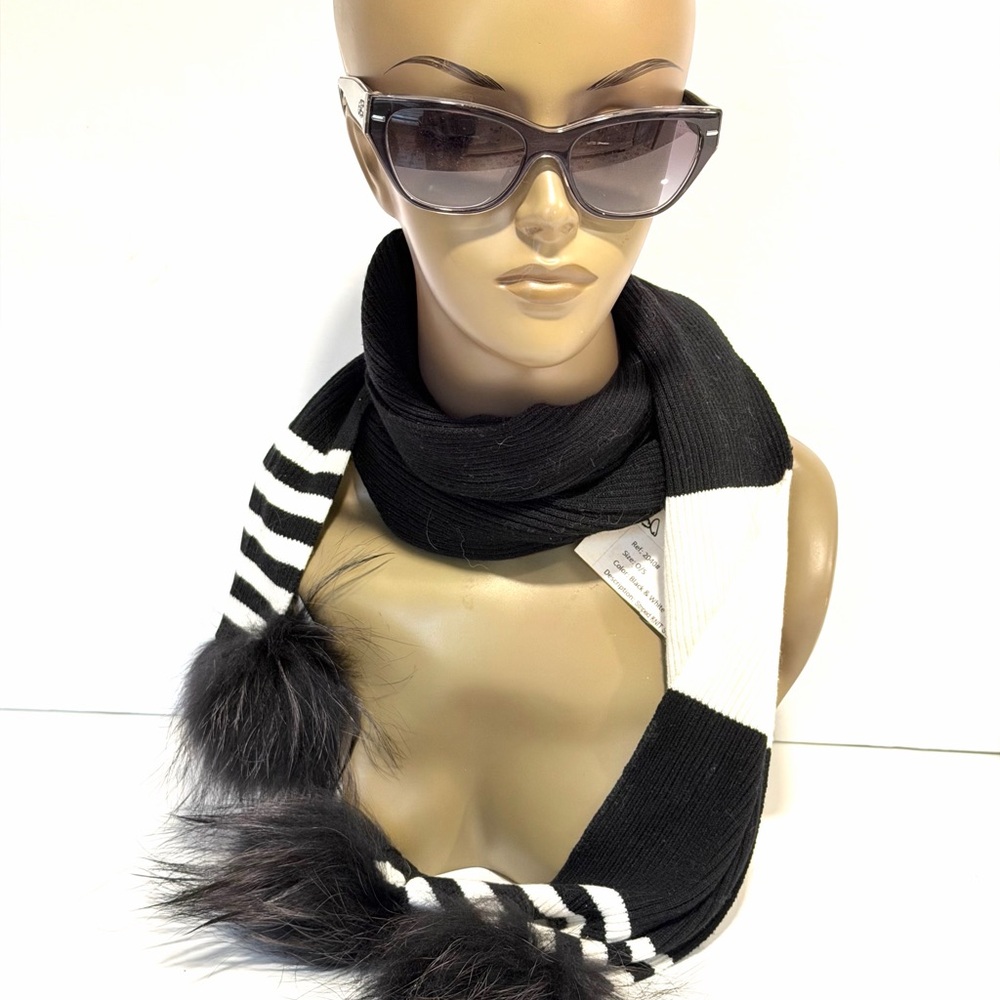 NWT Dana Stein Black White Striped Scarf w Genuine Raccoon Pom Poms